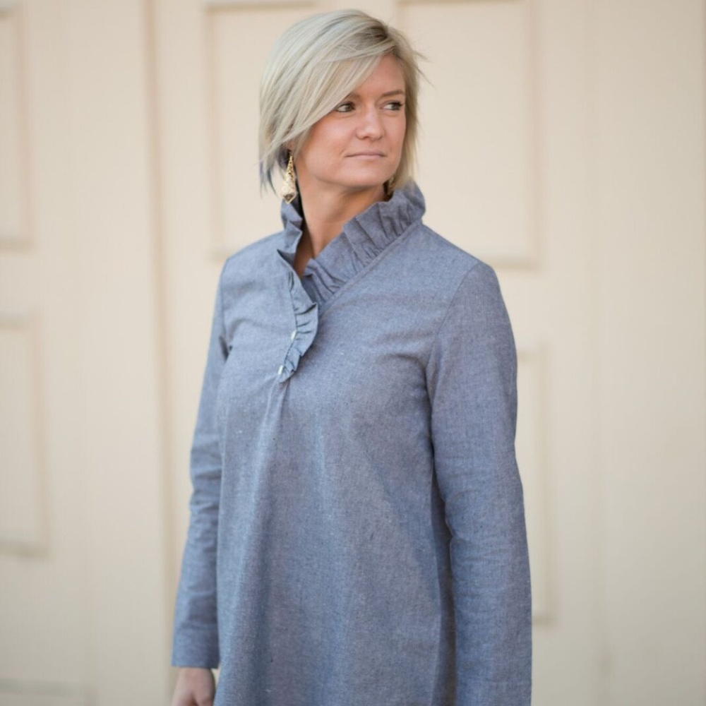 Whitney Chambray Ruffle Neck Tunic Top